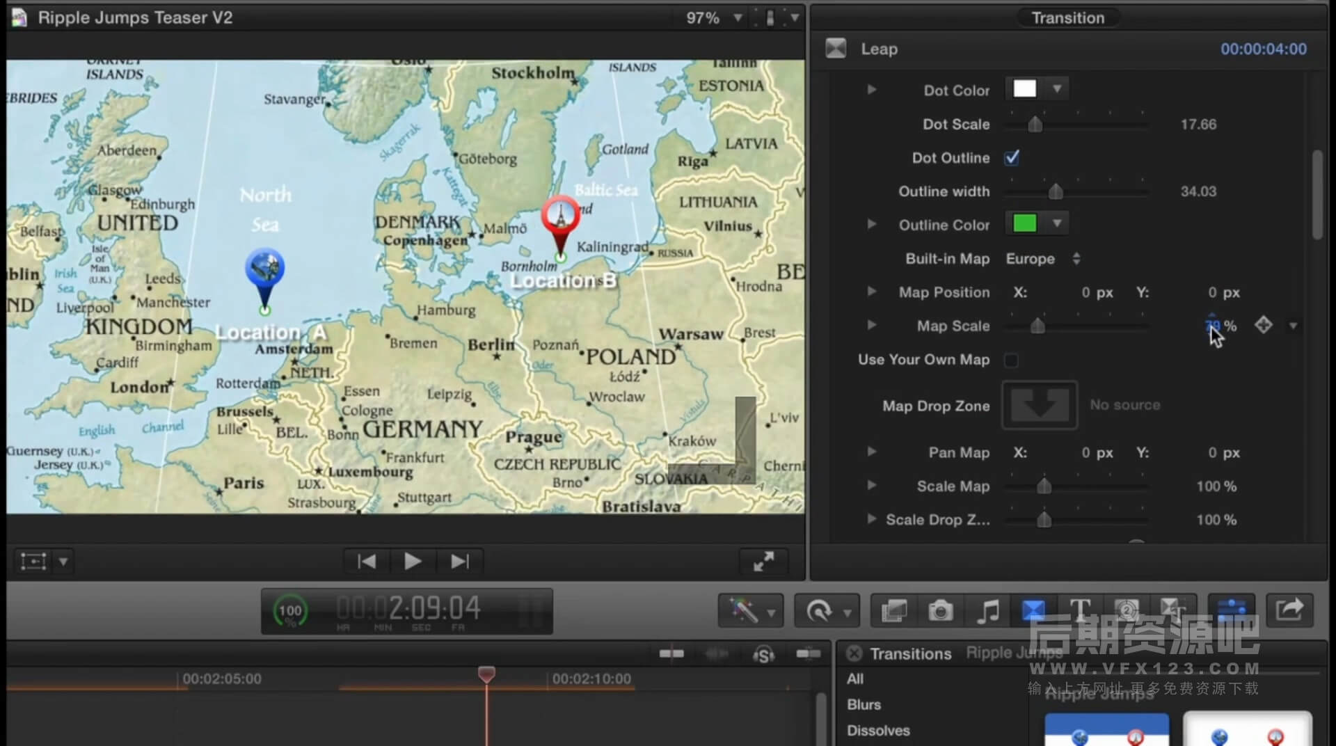 Fcpx转场插件 地图标记位置切换转场 旅拍Vlog常用转场效果 Ripple Jumps | MAC影视后期资源站