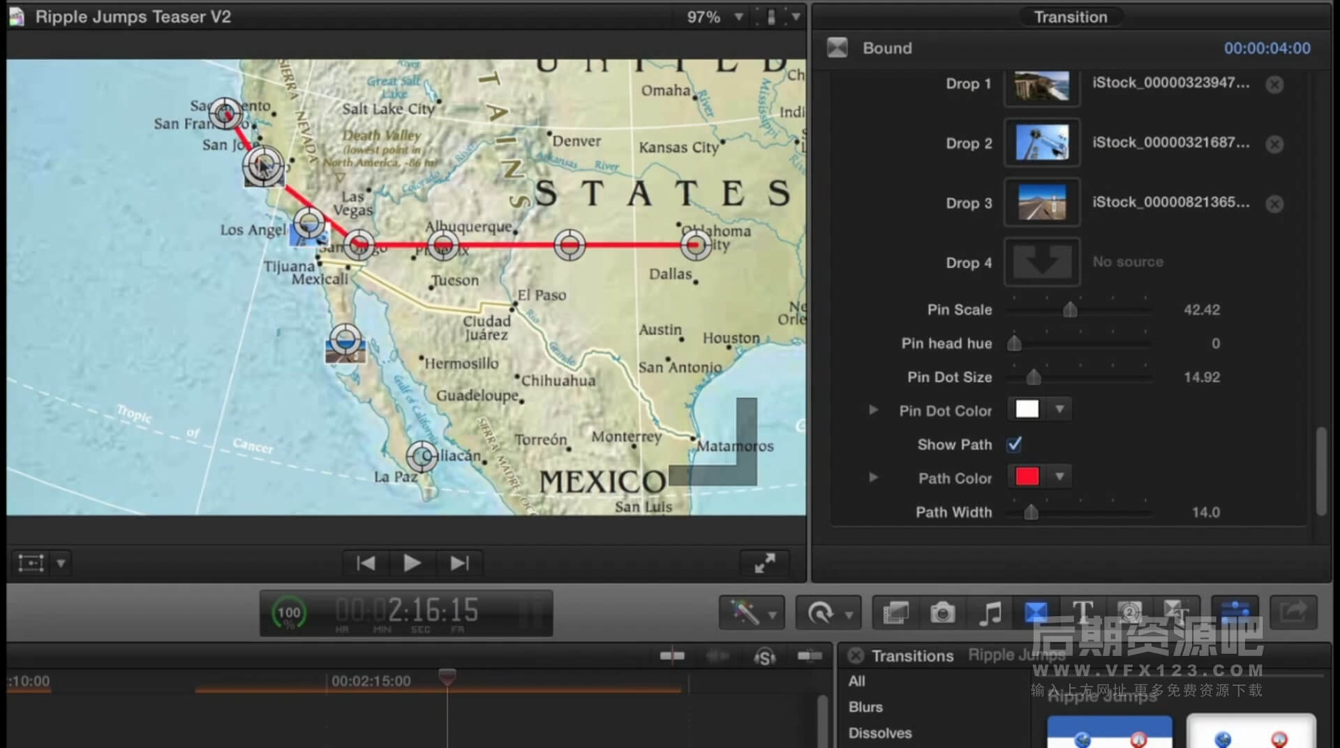 Fcpx转场插件 地图标记位置切换转场 旅拍Vlog常用转场效果 Ripple Jumps | MAC影视后期资源站